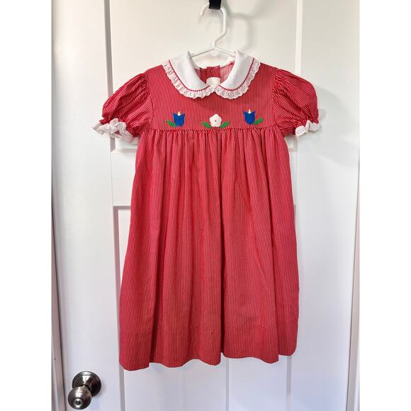 Vintage Jayne Copeland Girls Striped Puff Sleeve Shift Dress Red White Size‎ 6X - Picture 1 of 12